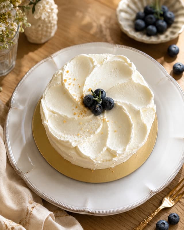 Gâteau blanc décoré de myrtilles — proposition ia