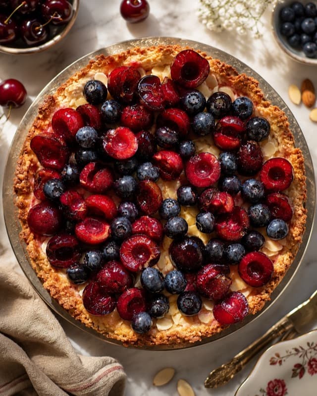 Visuel généré de la tarte aux fruits rouges sur une table claire avec du linge et des fruits.