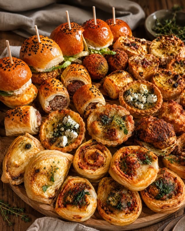 Visuel généré de mini-burgers et de feuilletés présentés sur une table en bois avec des herbes.