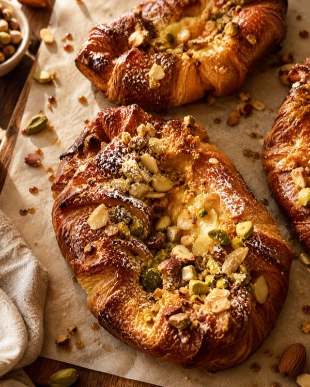 Visuel généré de viennoiseries dorées en gros plan, dans une lumière chaude sur papier cuisson.