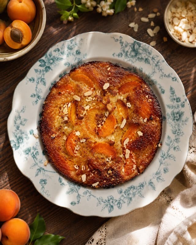 Visuel généré du gâteau aux fruits dorés avec une table claire et des fruits autour de l’assiette.