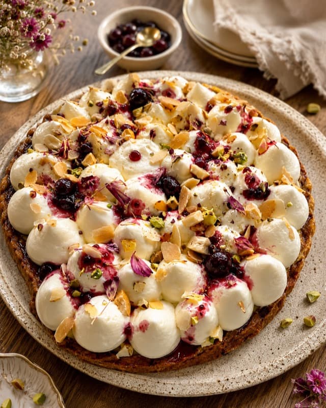 Visuel généré de la tarte à la crème et aux fruits dans une composition de table lumineuse.